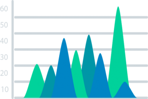 Abstract geometric skyline with blue and teal towers on a light gray background.