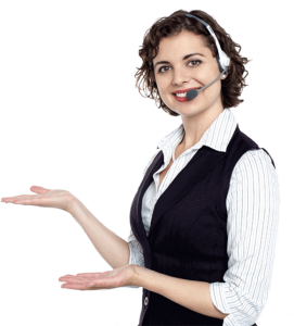 Smiling customer service representative wearing a headset and vest, gesturing with open palms as if inviting help.