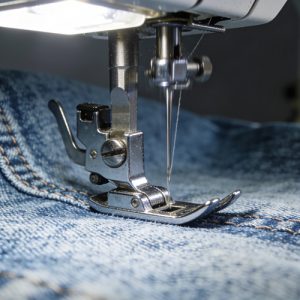 Close-up of a sewing machine presser foot and needle stitching blue denim jeans.