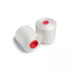 Two white thread spools with red centers on a white background, shown at an angle for sewing reference.