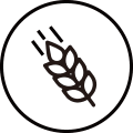 Circle-framed icon of a stylized wheat stalk, representing grain or flour.