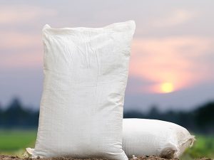 Two white sacks standing on bare soil with a sunset over a distant field behind them, suggesting an agricultural setting.