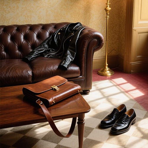 Leather jacket on a brown leather sofa with a matching brown briefcase on a wooden coffee table and black loafers on a checkered rug nearby.