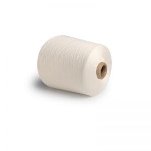 White spool of thread on a white background with a brown core visible at the center
