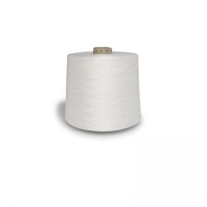 Cone of white sewing thread/yarn on a white background, with a small star-pattern cap on top.