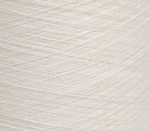 Close-up of pale beige yarn or thread with fine fibers crosshatching in a woven texture.