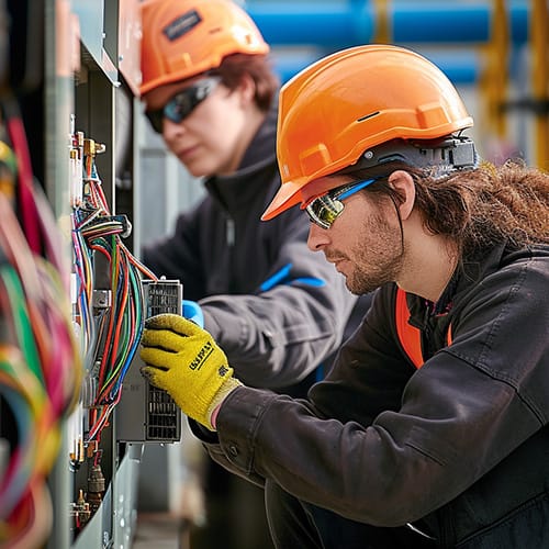 Two electricians wearing orange hard hats work on exposed wiring inside an electrical panel.