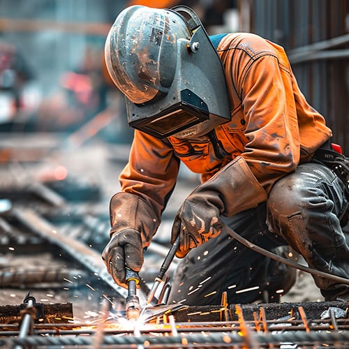 Welding a metal frame while kneeling, sparks flying and the worker wearing protective gear including a helmet and gloves.