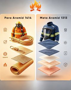 Two panels compare Para Aramid 1414 and Meta Aramid 1313: left shows firefighter gear and layered rope/cloth materials; right shows protective jacket with stacked fabric layers and icons suggesting properties.