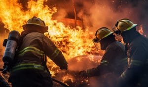 Three firefighters in full turnout gear and helmets battle a large blaze, flames and smoke surrounding them.