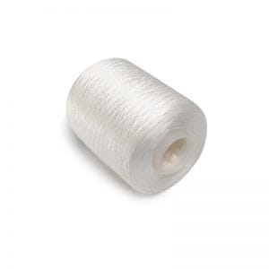 White thread wound on a plastic spool against a plain background.