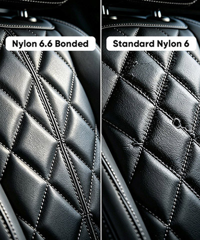 Side-by-side close-up of quilted black seat fabric labeled 'Nylon 6.6 Bonded' on the left and 'Standard Nylon 6' on the right, showing differences in stitching and texture.