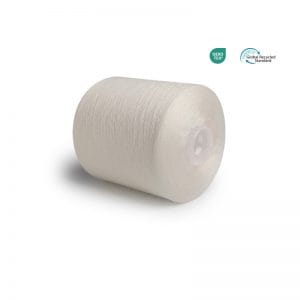 White spool of yarn/thread with two eco-certification logos (OEKO-TEX and Global Recycled Standard) on a white background.