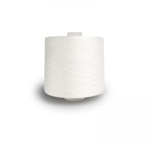 Cone-shaped spool of white sewing thread on a light background with a subtle shadow